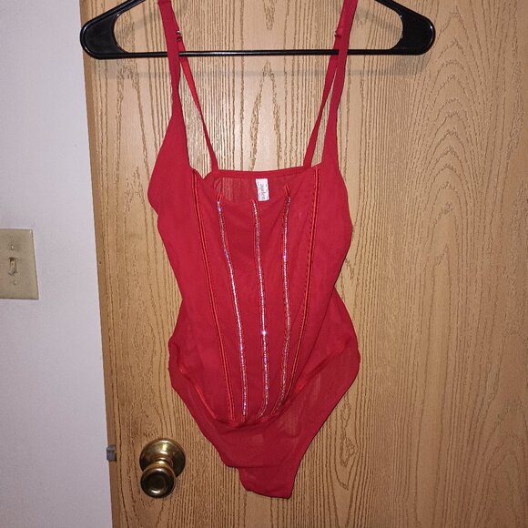 NEW Women's Rhinestone Lingerie Bodysuit Auden Nylon Spandex Mesh Sheer Red S - Picture 7 of 9